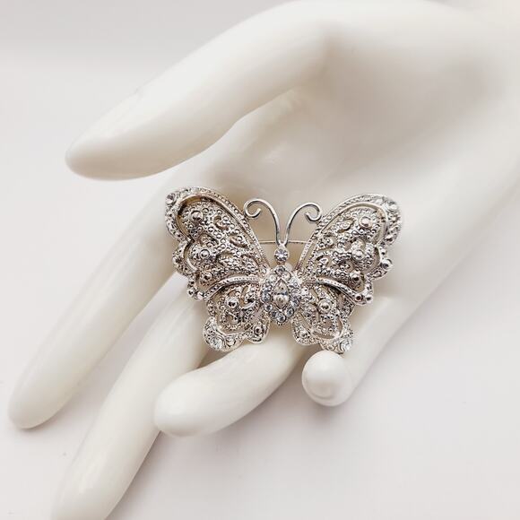 Vintage Silver Tone Clear Rhinestone Butterfly Brooch Pin - 2 1/8 Inches - Picture 2 of 10